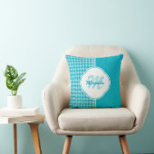 ターコイズ千鳥格子ののモノグラムと名前 クッション (椅子)