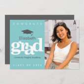 ターコイズ卒業写真グレーキャモダンップはっきりした 案内状 (正面/裏面)