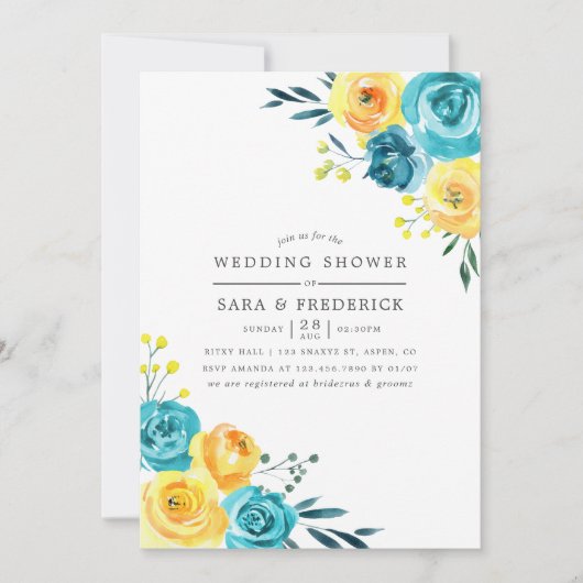 ターコイズ及びイエローフローラウェディングシャワー招待状 招待状 (正面)