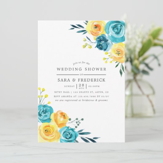ターコイズ及びイエローフローラウェディングシャワー招待状 招待状 (スタンド正面)