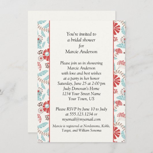 ターコイズ及びオレンジフローラブライダルシャワー招待状 招待状 (正面/裏面)
