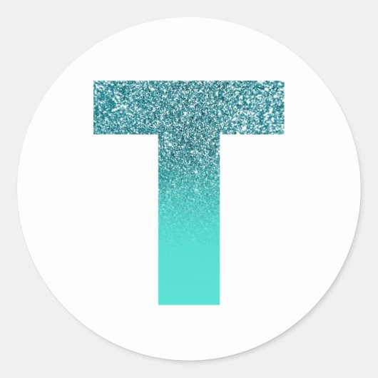 ターコイズ及びティール(緑がかった色)グラデーショングリッターモノグラムT ラウンドシール (正面)