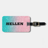 ターコイズ及びピンクグラデーションフェイクグリッター ラゲッジタグ (正面横)