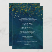 ターコイズ及びフェイク金ゴールドグリッター 招待状 (正面/裏面)