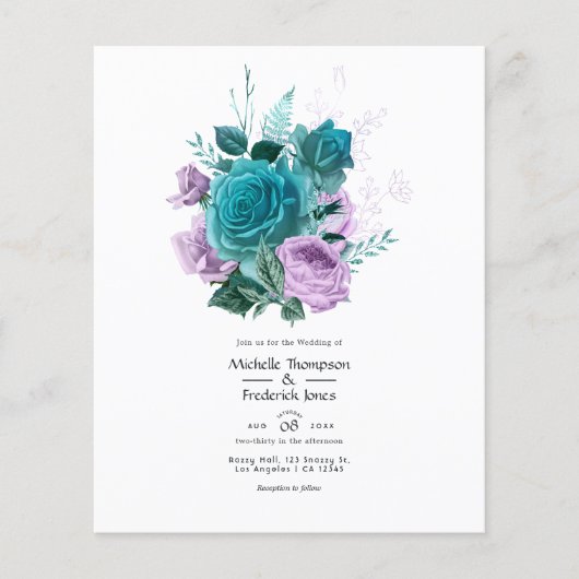 ターコイズ及びラベンダーフローラ結婚式招待状 チラシ (正面)