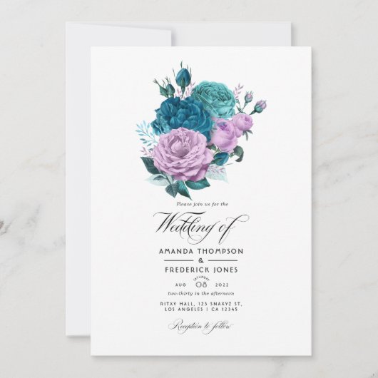 ターコイズ及びラベンダーフローラ結婚式招待状 招待状 (正面)