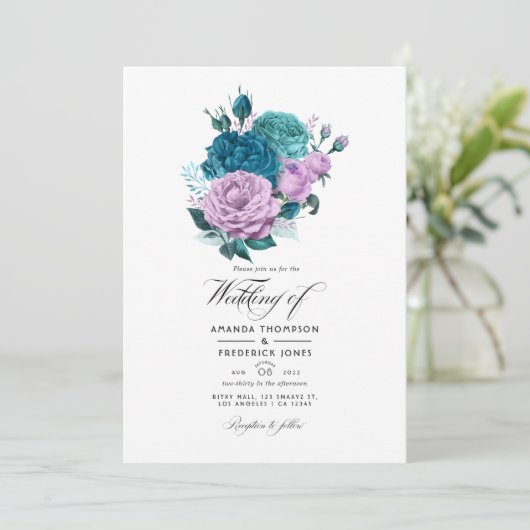 ターコイズ及びラベンダーフローラ結婚式招待状 招待状 (スタンド正面)