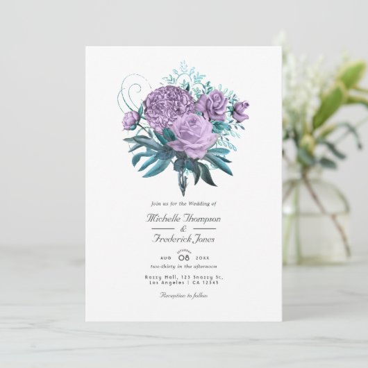 ターコイズ及びラベンダーフローラ結婚式招待状 招待状 (スタンド正面)