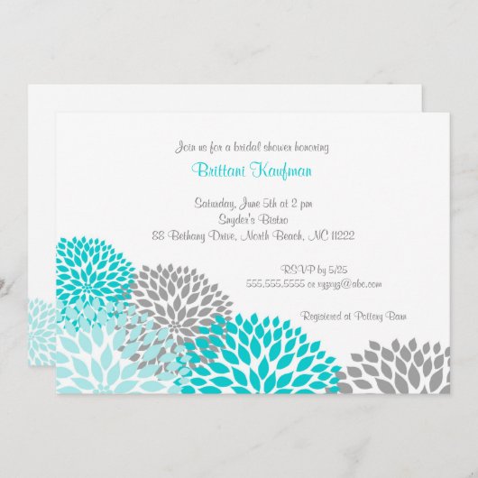 ターコイズ及び灰色のダリアの花嫁のベビーシャワーの招待 招待状 (正面/裏面)