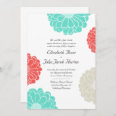 ターコイズ及び珊瑚の《植物》百日草の花の結婚式招待状 招待状 (正面/裏面)