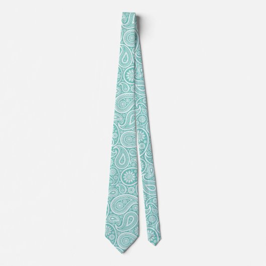 ターコイズ及び白ヴィンテージペイズリーパターン ネクタイ (正面)