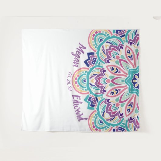 ターコイズ及び紫色のモダンな花の結婚式の背景幕 タペストリー (正面(横))