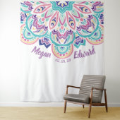 ターコイズ及び紫色のモダンな花の結婚式の背景幕 タペストリー (インサイチュ)