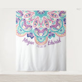 ターコイズ及び紫色のモダンな花の結婚式の背景幕 タペストリー (正面)