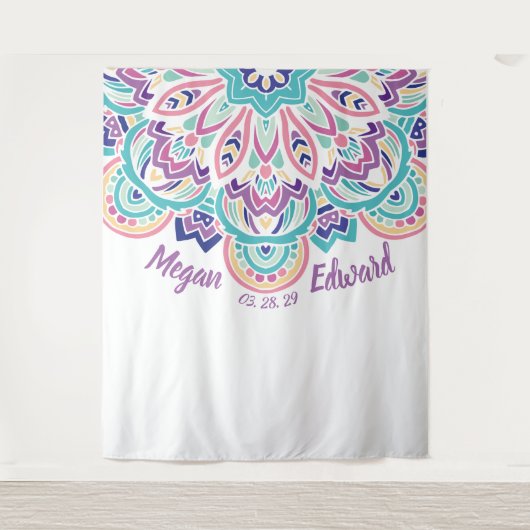 ターコイズ及び紫色のモダンな花の結婚式の背景幕 タペストリー (正面)