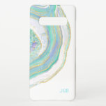 ターコイズ及び金ゴールドアガート模様（モノグラム） SAMSUNG GALAXY S10 ケース<br><div class="desc">トレンディー色の美インスパイアしい自然パターモダンンは、白い背景の上にアクア、ターコイズ、紫、金ゴールドの大理石の縞模様を特徴とするデザイン。文字テンプレートは、あなたのモノグラムイニシャルまたは他の所望の文字とパーソナライズするために含まれる。この素敵なケースを購入したいサンプルもしモノグラムを完全に文字なしで削除することもできます。</div>