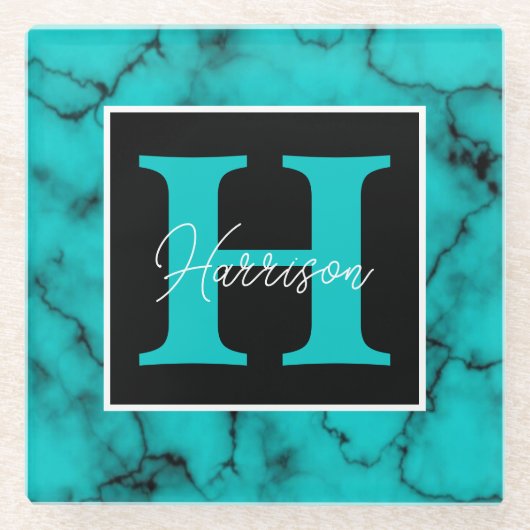 ターコイズ大理石精巧モノグラム名 ガラスコースター (正面)