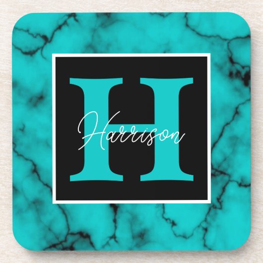 ターコイズ大理石精巧モノグラム名 コースター (正面)