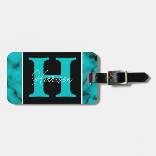 ターコイズ大理石精巧モノグラム名 ラゲッジタグ (正面横)