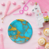 ターコイズ大理石金ゴールドグリッター- ADDイニシャル ペーパープレート (パーティー)