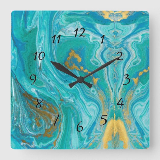 ターコイズ大理石金ゴールド抽象芸術 スクエア壁時計 (正面)