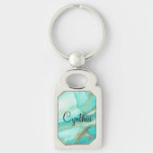 ターコイズ大理石、金ゴールドアクセントプリント、四角形 キーホルダー (正面)