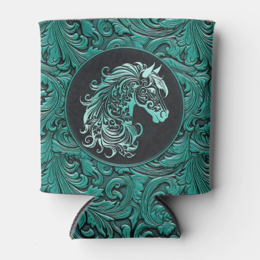 ターコイズ女性のカーボーイフローラ工具皮馬頭 缶クーラー (正面)