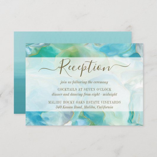 ターコイズ宝石ウォーターカラーウェディングレセプション エンクロージャーカード (正面/裏面)