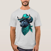 ターコイズ帽子とスカーフ付きカウボーイパターン(の模様が)あるブル Tシャツ (正面)