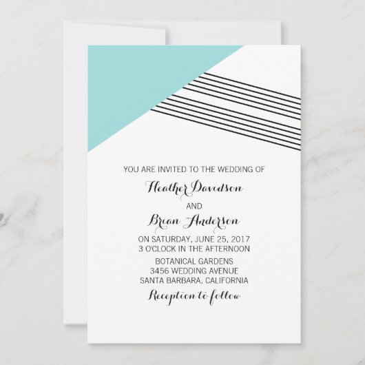 ターコイズ幾何ストライプ式ウェディング招待 招待状 (正面)