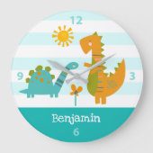 ターコイズ恐竜ボーイネーム子供部屋かわいいかわいい ラージ壁時計 (正面)