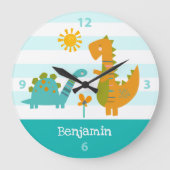 ターコイズ恐竜ボーイネーム子供部屋かわいいかわいい ラージ壁時計 (正面)