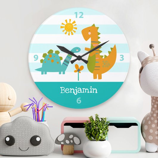 ターコイズ恐竜ボーイネーム子供部屋かわいいかわいい ラージ壁時計