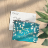 ターコイズ文字列ライト金ゴールドスクリプト日付の保存 案内ポストカード