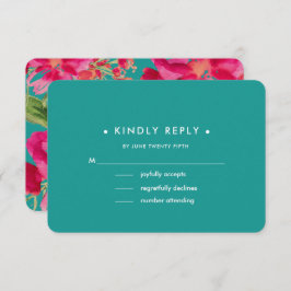 ターコイズ明るい赤紫色フローラウェディングRSVPカード 出欠カード
