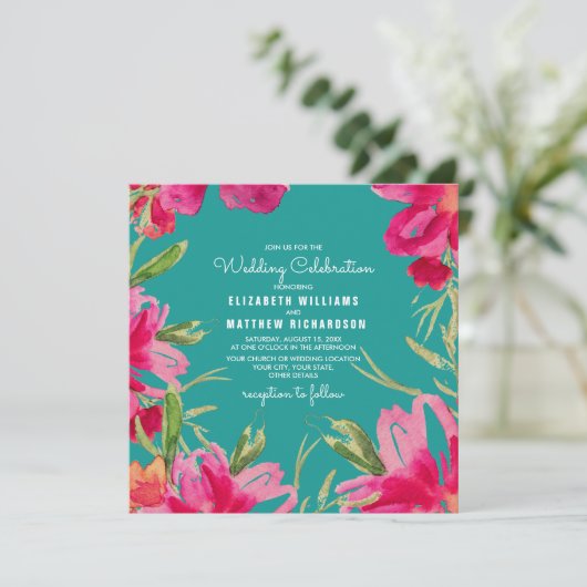 ターコイズ明るい赤紫色フローラ水結婚色 招待状 (スタンド正面)