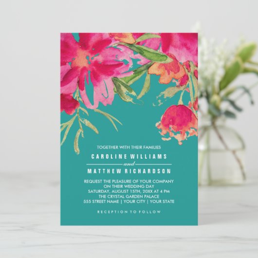 ターコイズ明るい赤紫色フローラ水結婚色 招待状 (スタンド正面)