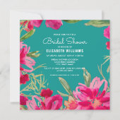 ターコイズ明るい赤紫色水彩フローラブライダルシャワー 招待状 (正面)