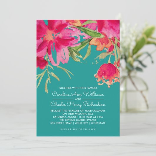 ターコイズ明るい赤紫色水彩フローラ結婚ズ 招待状 (スタンド正面)