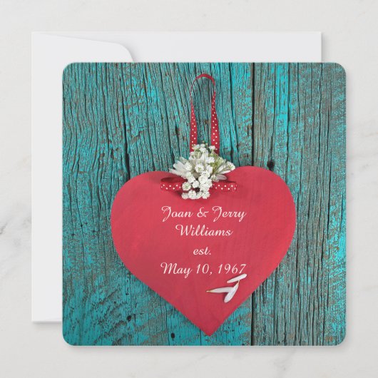 ターコイズ木材の発願の更新に関する赤いハート 招待状 (正面)