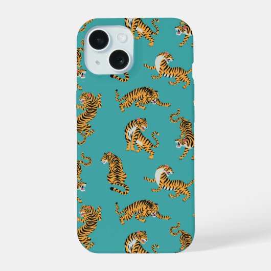 ターコイズ柄のトラ iPhone 15ケース (裏面)