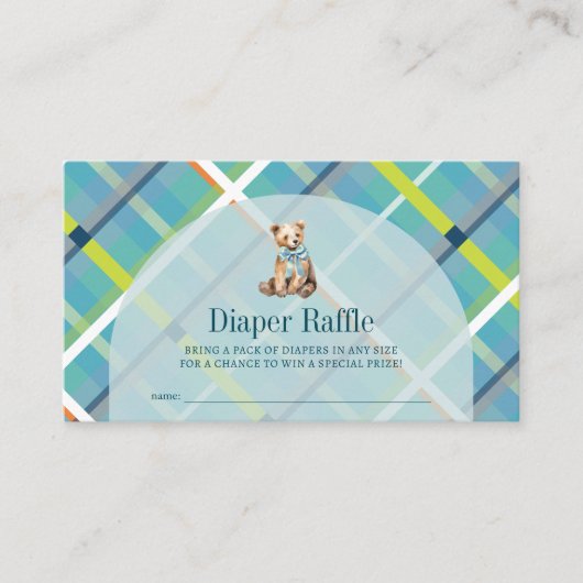 ターコイズ格子状テディベアおむつラッフルチケット エンクロージャーカード (正面)