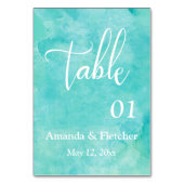 ターコイズ水彩エレガントなウェディングテーブル番号 テーブルナンバー (裏面)
