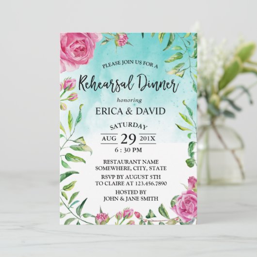 ターコイズ水彩フローラリハーサルディナー 招待状 (スタンド正面)