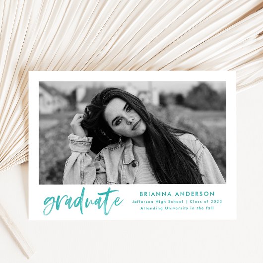 ターコイズ水彩ブラシスクリプト写真卒業 案内状