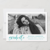 ターコイズ水彩ブラシスクリプト写真卒業 案内状 (正面)