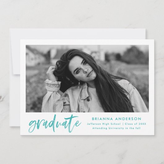 ターコイズ水彩ブラシスクリプト写真卒業 案内状 (正面)