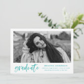 ターコイズ水彩ブラシスクリプト写真卒業 案内状 (スタンド正面)