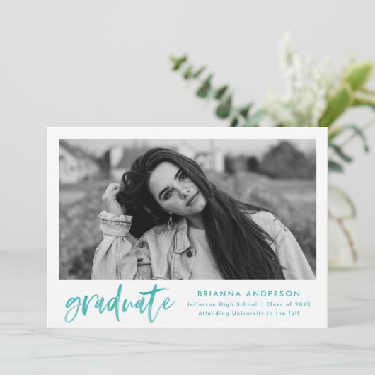 ターコイズ水彩ブラシスクリプト写真卒業 案内状 (スタンド正面)