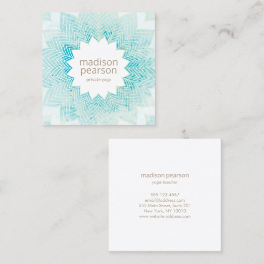 ターコイズ水彩ロータスマンダラフラワーヨガ スクエア名刺 (正面/裏面)